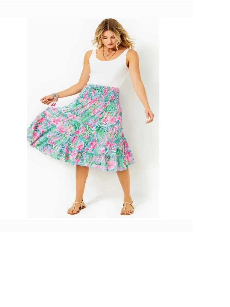 Lilly Pulitzer Deavan Midi Skirt Amalfi Blue Pink Leaf It Wild Size Xlarge